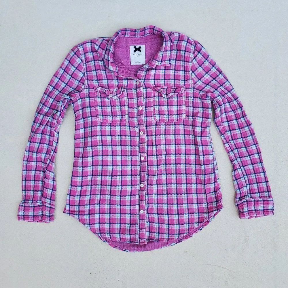 Gilly Hicks pink plaid button down long sleeve shirt